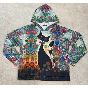 Shein Sheilay Abstract Black Cat Hooded Sweatshirt Flowers Butterflies Colors XL